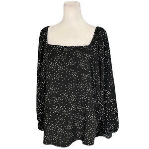 A New Day Black Floral Square Neckline Bell Sleeve Blouse Large